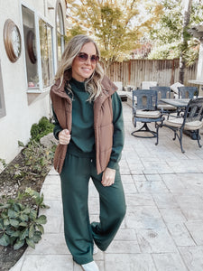 High Society Mock Neck Pullover and Wide Leg Sweatpants Set - Hunter Green