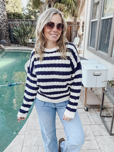 Effortless Style Navy & White Cable Knit Sweater