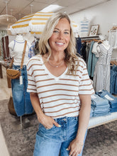 Everyday Stripes Linen Blend Relaxed Fit V Neck - Toffee
