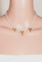 3 Metallic Ribbon Bow Charms Pearl Beaded Necklace - Gold