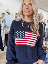 Liberty Stitch Knit Sweater Crew American Flag Pullover  - Navy