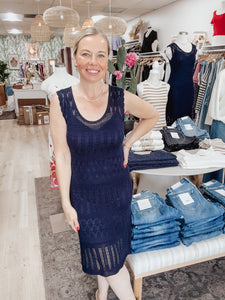 Coastal Charm Crochet Dress - Navy