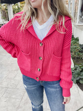 Knit Long Sleeve Button Down Thick Sweater Cardigan With Pockets - Fuschia