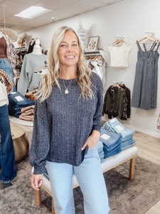 Nantucket Marled Long Sleeve Ribbed Knit Top - Navy