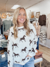 Wild at Heart Horse Jacquard Raw Trim Long Sleeve Knit Sweater - Cream
