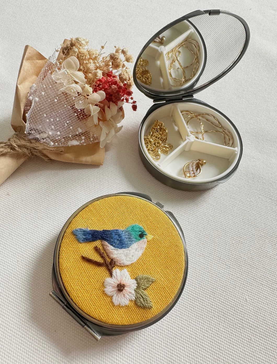 Floral Embroidery Round Jewelry or Pill Box with Mirror - Bird