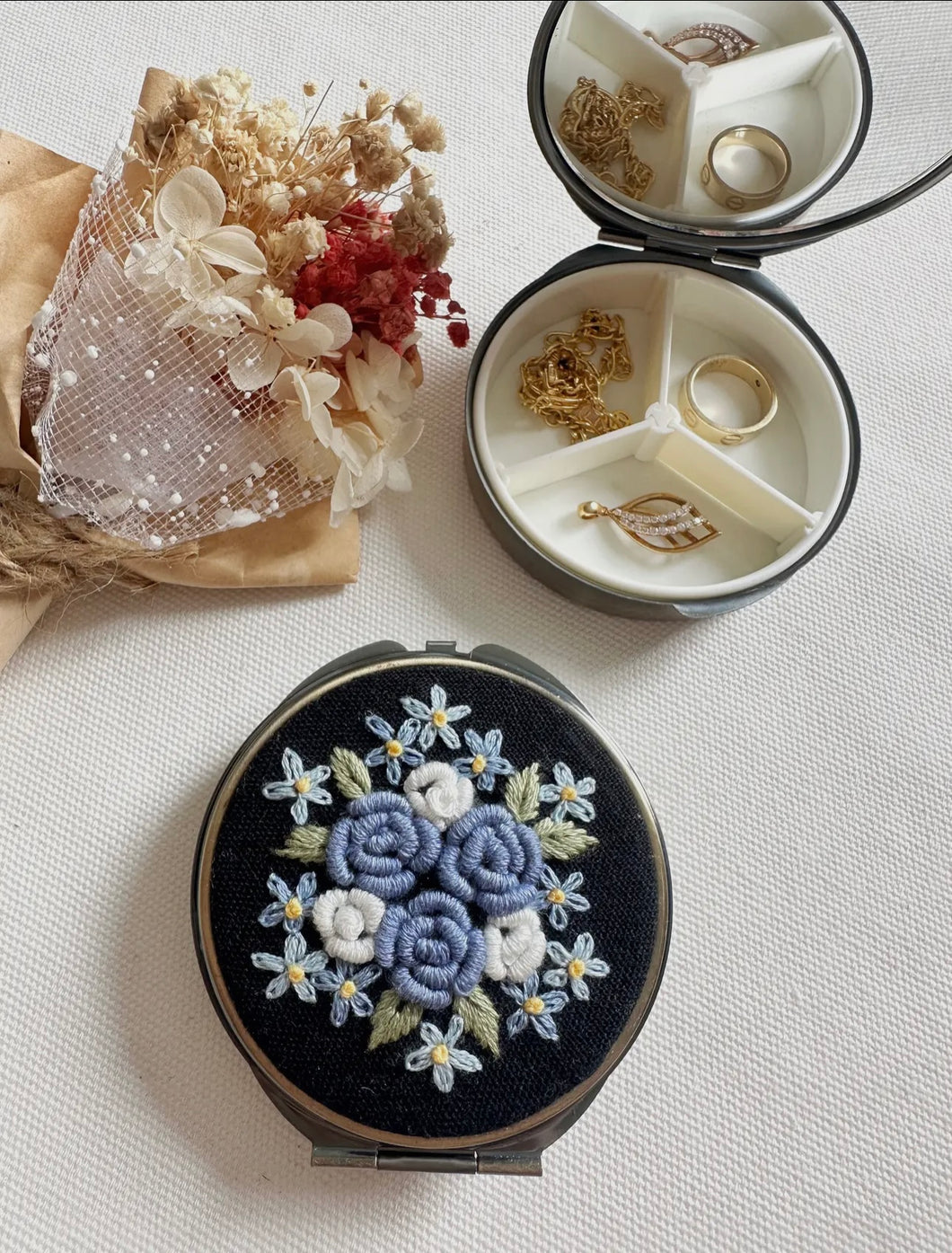 Floral Embroidery Round Jewelry or Pill Box with Mirror - Blue Roses