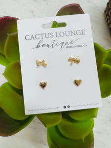 Solid Bow & Heart Earring Set - Gold