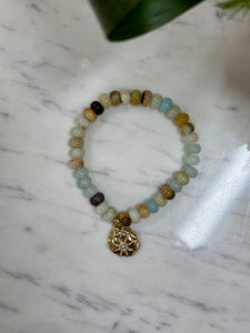 Chunky Beaded Bracelet with Sun Medallion - Multi Stone