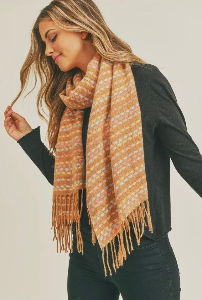 Stitched Fringe Oblong Scarf - Brown