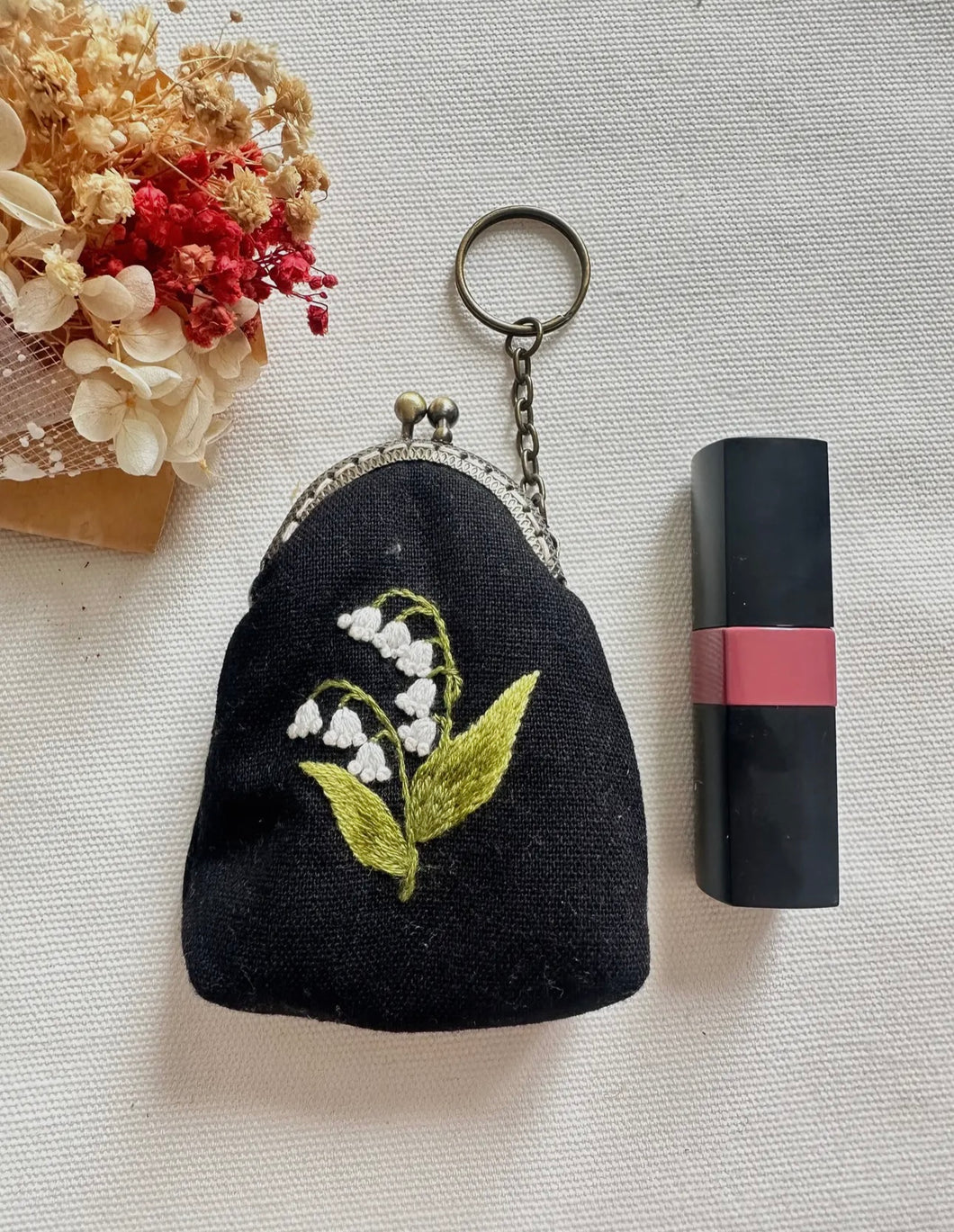 Floral Embroidered Keychain Pouch - Lily of the Valley