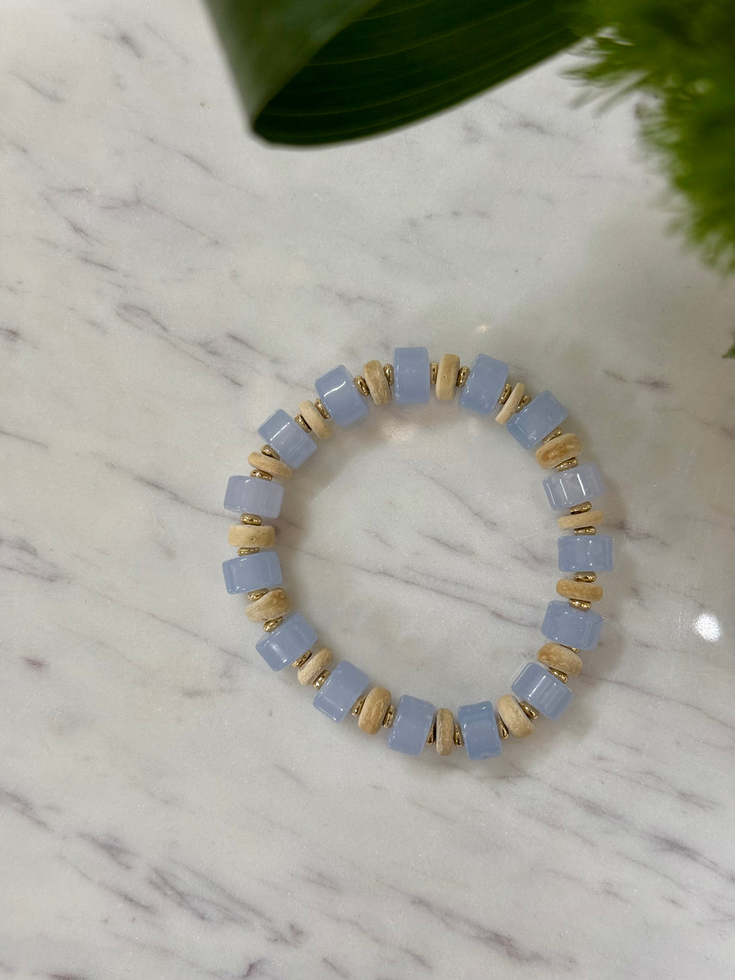 Chunky Wood & Bead Bracelet - Blue/Natural