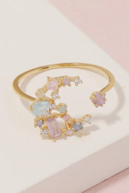 Cluster Studded Crescent Moon Ring - Gold