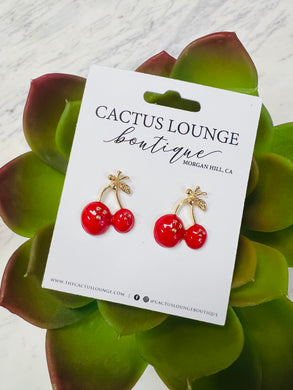 Large Cherry Drop Earrings - Gold