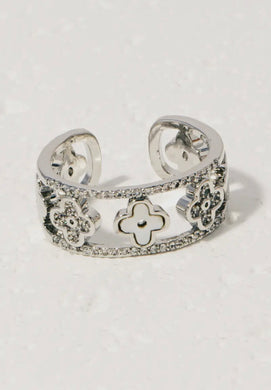 Gold Dipped CZ and Pearl Clovers Open Band Ring - Silver