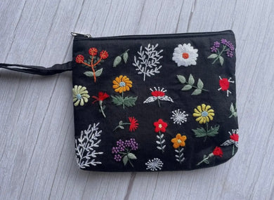 Flower Embroidered Cosmetic Bag - Full Flowers