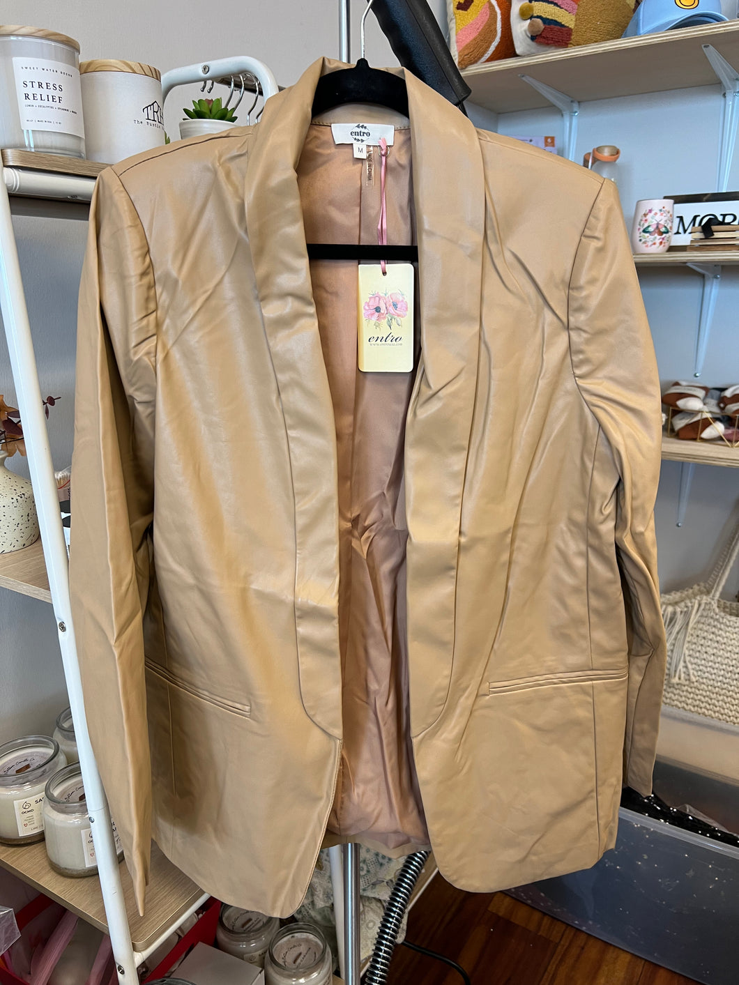 FINAL SALE J19124 Faux Leather Blazer - Tan