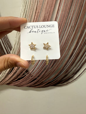 Pearl Studded Star & Simple Hoop Earring Set - Gold