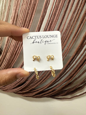 Simple Bow and Twisted Hoop Earring Set - Gold