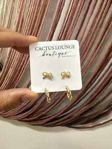 Simple Bow and Twisted Hoop Earring Set - Gold