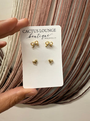 Simple Heart & Simple Bow Earring Set - Gold