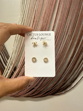 Mini Bow Studs & Pave Circle Earring Set - Gold