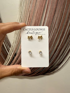 Simple Bow & Crystal Studs Earring Set - Gold