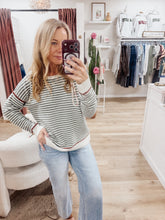 Prescott Striped Crew Neck Sweater with Accent Color Detail - Dark Sage