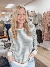 Prescott Striped Crew Neck Sweater with Accent Color Detail - Dark Sage