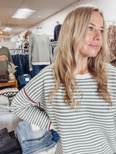 Prescott Striped Crew Neck Sweater with Accent Color Detail - Dark Sage