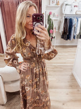 Autumn Romance Floral V Neck Long Sleeve Ruffle Trim Midi Dress - Mocha Multi