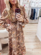 Autumn Romance Floral V Neck Long Sleeve Ruffle Trim Midi Dress - Mocha Multi