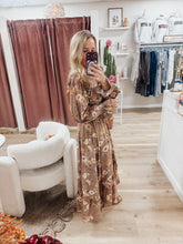Autumn Romance Floral V Neck Long Sleeve Ruffle Trim Midi Dress - Mocha Multi