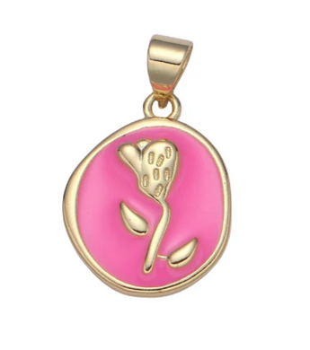 Pink Enamel Coin with Rose Charm Bar