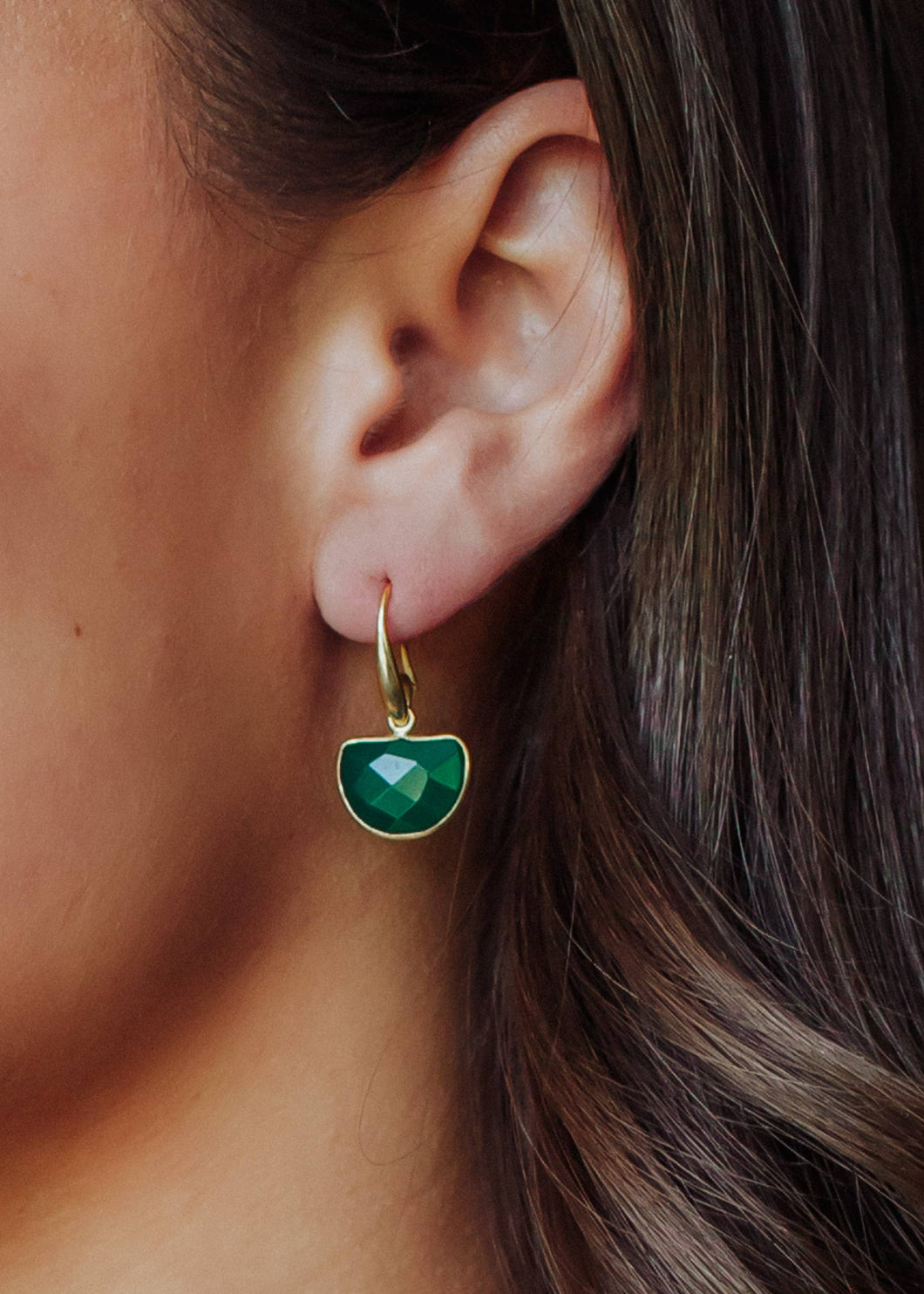 Gold Dangle Earring with Green Onyx Stone