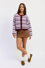 BUTTON UP ROUND NECK CARDIGAN: PURPLE BURGUNDY MULTI
