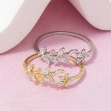 Delicate Rhinestone Leaf Open Ring - Silver