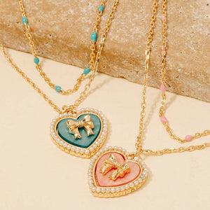 Pearl Set Heart Ribbon Bow Pendant Layered Necklace - Pink