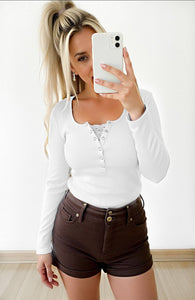 FINAL SALE Payton Peekaboo-Lace Long Sleeve Ribbed Henley - Pastel Purple