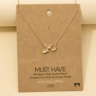 Western Cowboy Boots Horse Shoe Charm Necklace - Rose Gold