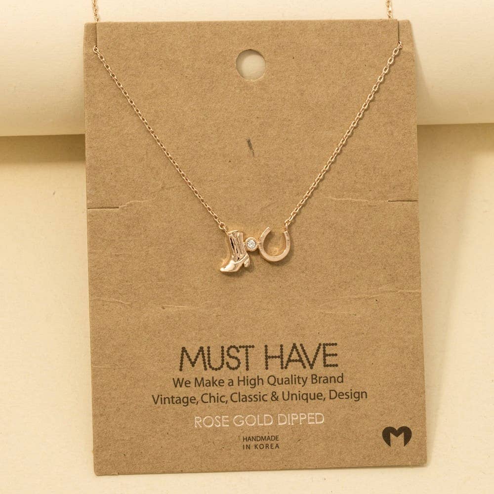 Western Cowboy Boots Horse Shoe Charm Necklace - Rose Gold