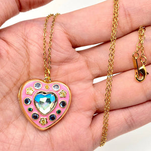 Enamel Pink Heart-shaped Locket Pendant Necklace