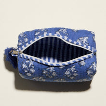 Blue Quilted Floral Cosmetic Pouch | Zipper Makeup Bag with Tassel - Blue