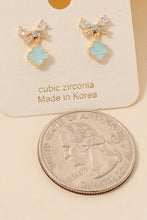 Cz Ribbon Bow And Enamel Clover Stud Dangle Earrings - Gold