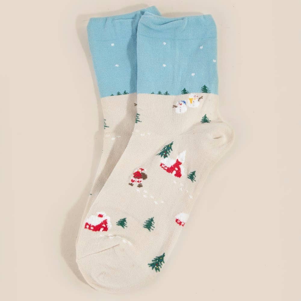 Festive Christmas Scenery Embroidered Socks - Cream/Blue