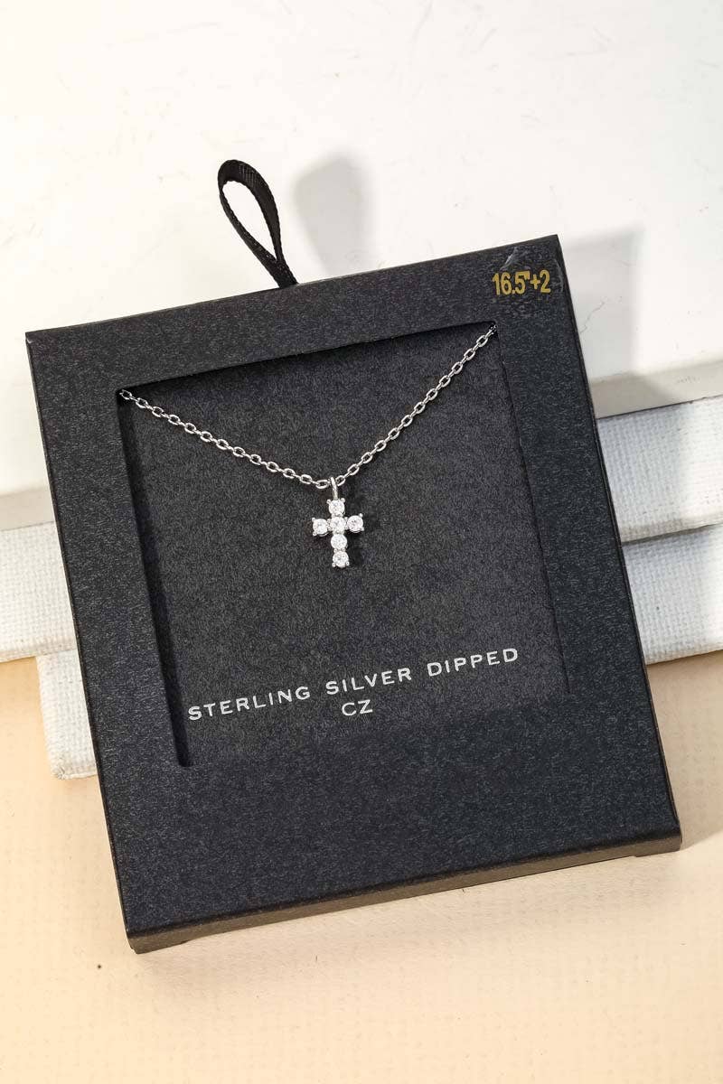 Secret Box Cz Mini Cross Charm Necklace - Silver