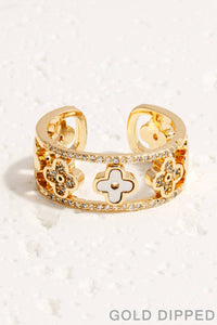 Gold Dipped  Cz And Pearl Clovers Open Band Ring - Gold