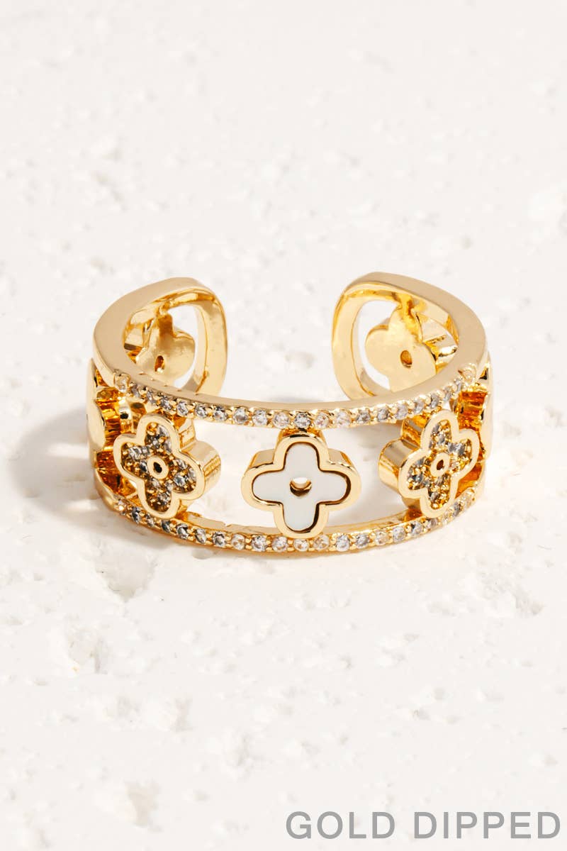 Gold Dipped  Cz And Pearl Clovers Open Band Ring - Gold