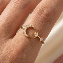 Cz Open Band Crescent Moon Star Ring - Silver
