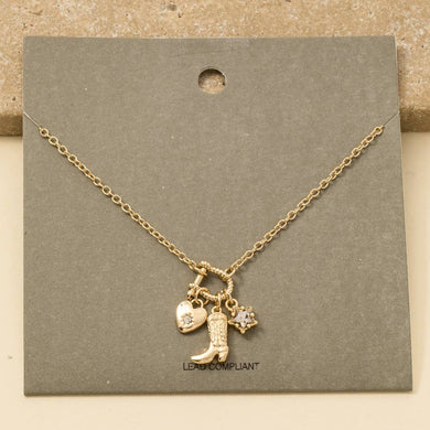 Western Cowboy Boot And Heart Charms Chain Necklace - Gold